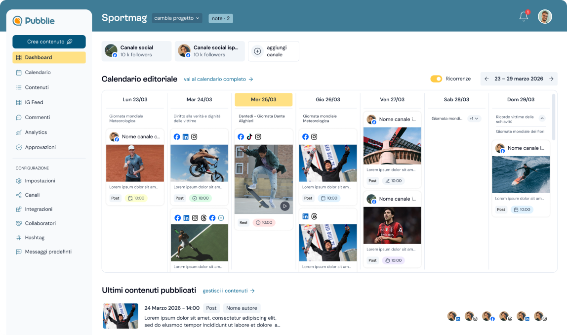 The Pubblie dashboard: posts, calendar and analytics in one place